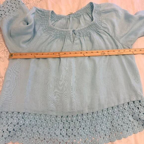 Charter Club Linen Luxury Blue Peasant Style Smocked Neckline Top Size 2X - Picture 9 of 12
